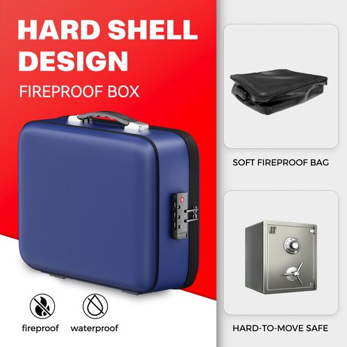 5200℉ Insulated Small Fireproof Safe Box with Lock,Fire and Water Proof Hard Case with Water Resistant Zipper,Fireproof Document Bag,Portable File Organizer Safe for Personal Items,Jewelry,Cash(Blue)