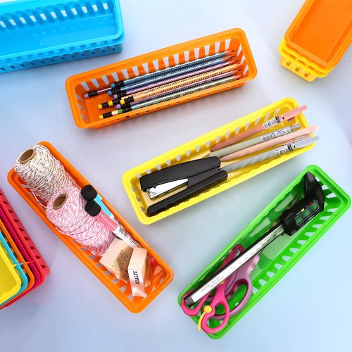 Vyndicca Pencil Organizer Tray - 24 Pack Plastic Classroom Pencil Holder, Small Trays, Colorful Crayon Storage for Classroom & Office, 9.3 L x 2.2 W x 2.4 H
