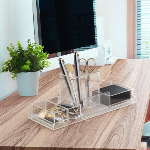 CLASSIC ACRYLIC Paper Clip Holder w/Adjustable Compartment Includes Premium Gift Box. Great Gift for Christmas. Durable & Stylish Desk Organizer for Office Supplies & Sticky Note/Post it Note Holder.