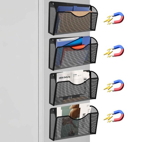 LQPAFZ Magnetic File Holder 4 Pockets File Folder Organizer, Office Hanging Magazine Rack for File Cabinets, Magnetic Paper Holder, No Drilling Mail Organizer for Refrigerator, Office