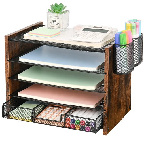 OPNCIE Desk Organizer and Accessories, 5-Tier Paper Letter Tray File Organizer with Drawer & 2 Pen Holder, Office Desk Accessories Workspace Desktop Organizer for Office Supplies(Brown)
