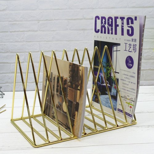 MIAO YUAN 2 PCS Desktop Triangle Book Magazine Holder, Iron Metal Book Stand File Organizer Folder Holder for Office, 9 Slots Gold Classified Storage Rack, Record Display Rack for Home Decoration