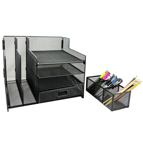 ALTOS OFFICE AND HOME Metal Mesh Desk Organizer, 1 Sliding Drawer, 4 Horizontal Trays and 2 Vertical Sections, with 3 Spaces for Pencils and Accessories Black, Reinforced Edges, Electrostatic Paint