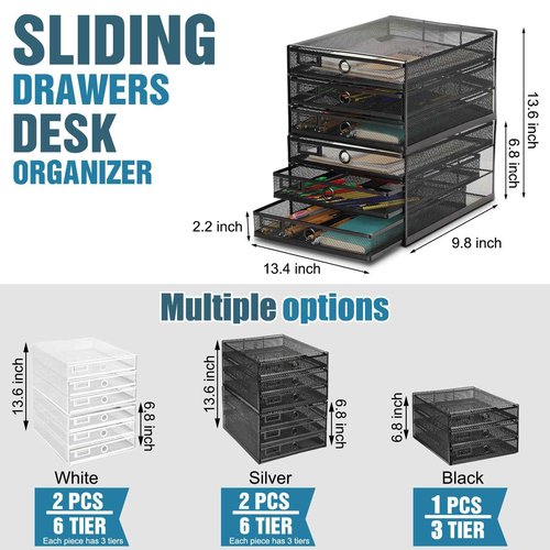 Zhanmai 1 Pack Desk Organizer with Drawer Total 3 Tiers, Wire Mesh Organizers Tray Multifunctional Paper Sorter File Stand for Home Office Supplies Storage Letter A4 Paper Office Accessories (Black)