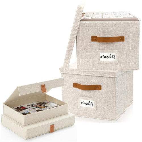 ZICOTO Decorative File Organizer Box Set of 2 and Photo Storage Boxes with Lids Bundle - Perfect to Safely Store Your Pictures, Documents, Scrapbooking Supplies, Keepsakes and Other Memories in Style