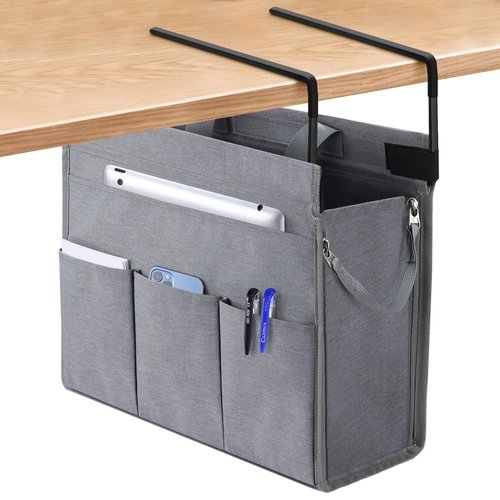 MASTLU Under Desk Hanging Storage Bag, Desk Organizer Storage, Office Side Storage Bag, Compatible with A4 Files, Detachable Handle Design, No Assembly Required, For Office Home School (Grey)