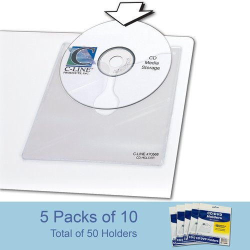 C-Line Self-Adhesive CD Holder, 5.33 X 5.66 Inches, Clear, 5 Packs of 10 Sheets, 50 Total (70568-5)