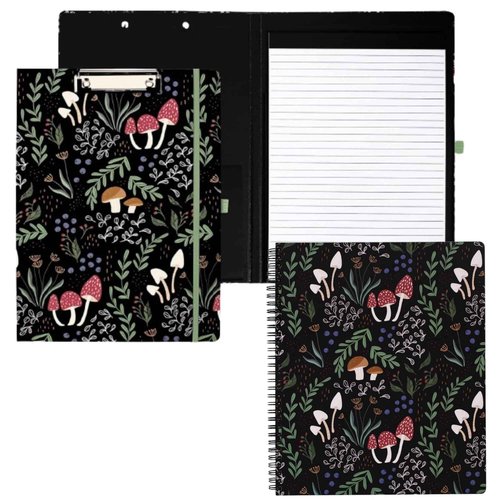 Steel Mill & Co Cute Large Spiral Notebook with Durable Hardcover and 160 Lined Pages Bundle with Clipboard Folio with Refillable Lined Notepad and Interior Storage Pocket, Mushroom