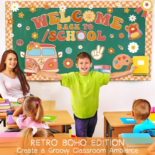 Aneco Retro Boho Welcome Back to School Bulletin Board Decorations Groovy Classroom Decoration Cutouts Motivational Pencil Bus Schoolbag Paper Cutouts for Kindergarten Preschool Wall Door Decor