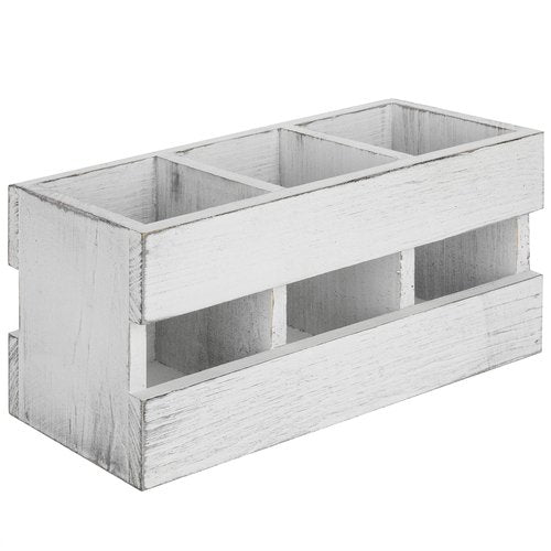 MyGift 3-Compartment Vintage White Solid Wood Desktop Office Supplies Caddy Pen Pencil Cup Holder Desk Organizer, Makeup Brush Art and Paint Brush Holder