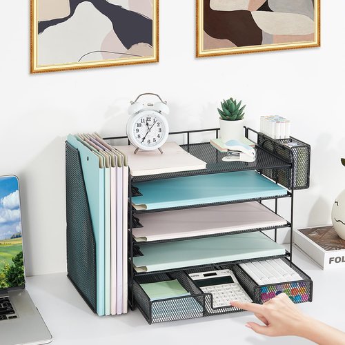 Youbetia Paper Tray Organizer with Mesh File Holder, 5 Tier Desk Accessories & Workspace Desk Organizers with Pen Holder, Office Desk Accessories Desktop Organization for Office Supplies (Black)