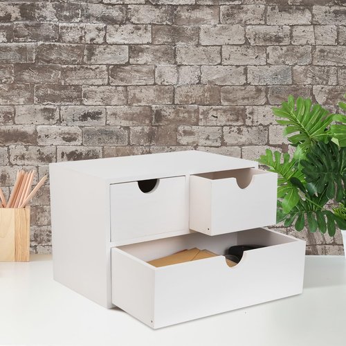 Rustic Distressed white 3-Tier Wood Desk Organizer with 3 Drawers Mini Storage Shelf For Desk, Toiletries Vanity Office Supplies (white)