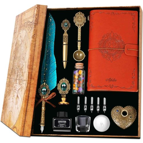 Aifeiter Quill Pen and Ink Set, Feather Calligraphy Set With Wax Seal Stamp, Notebook - Beautiful Gift for Christmas - Green