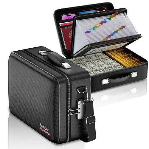 BALAPERI Fireproof Document Box with Fireproof Zipper,File Organizer Hard Case with Lock,Portable Document Safe for Important Document Laptop Valuables(Black,15.8"x5.9"x12.6")