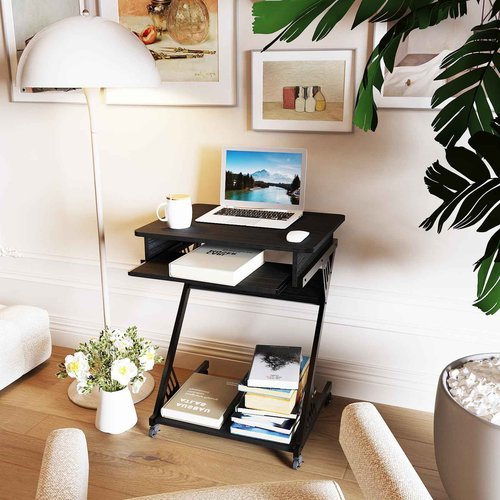 ALISENED Computer Desk for Small Spaces,23.6" Z-Shaped Compact Study Table with Smooth Keyboard Tray,with Wheels and Bottom Shelves for Home Office，Computer Cart Mobile Laptop Cart