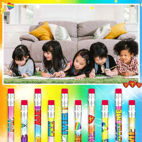Frienda 200 Pcs Bulk Jesus Loves Me Pencils for Kids Assorted Religious Christian Pencils with Eraser Sunday School Church Gifts Butterfly Rainbow Dove Heart Fish Pen for Easter Party School Favor