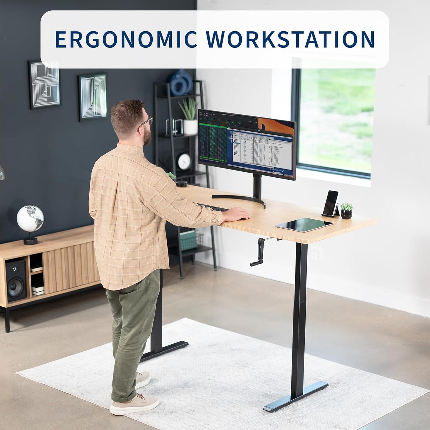 VIVO Manual Height Adjustable Stand Up Desk Frame - Ergonomic 2-Leg Workstation with Hand Crank | Black