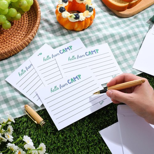 Motiskyy 12 Set Camp Lined Flat Cards and Envelopes Set 5.5 x 4.25 Inches Camp Stationary with Envelopes for Boys and Girls Campers