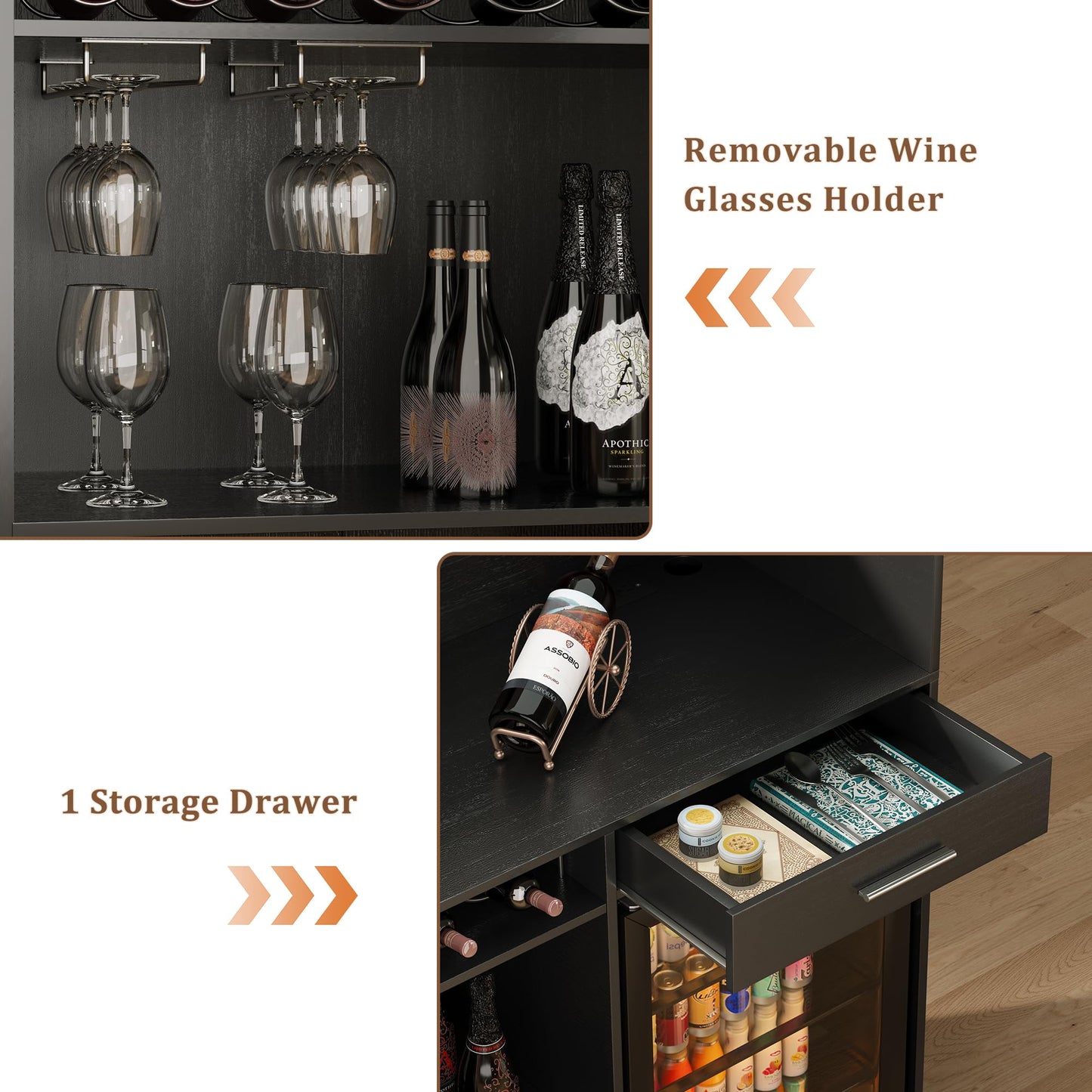 Lurinthal Home Bar Unit with Mini Fridge Space, Liquor Bar Cabinets with Storage Shelves, Drawer, Wine Glasses Holder, Mini Fridge Cabinet with Storage, Basement Bar for Home, Living Room