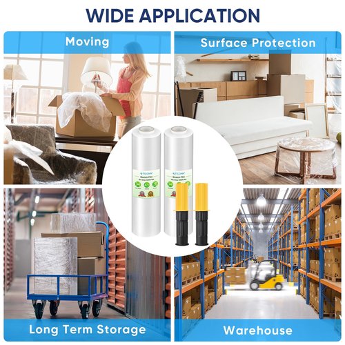 TICONN 2Pk Stretch Wrap Stretch Film Roll, 1000ft Industrial Strength 15 inch Wide Clear Plastic Wrap with Handles for Pallet Wrapping Shipping Moving