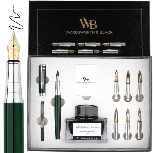 Wordsworth & Black Calligraphy Pen Gift Set, Includes Bottle, 6 Cartridges, Refill Converter, 6 Replacement Nibs, Premium Package, Journaling, Smooth Writing Pens [Green Chrome]