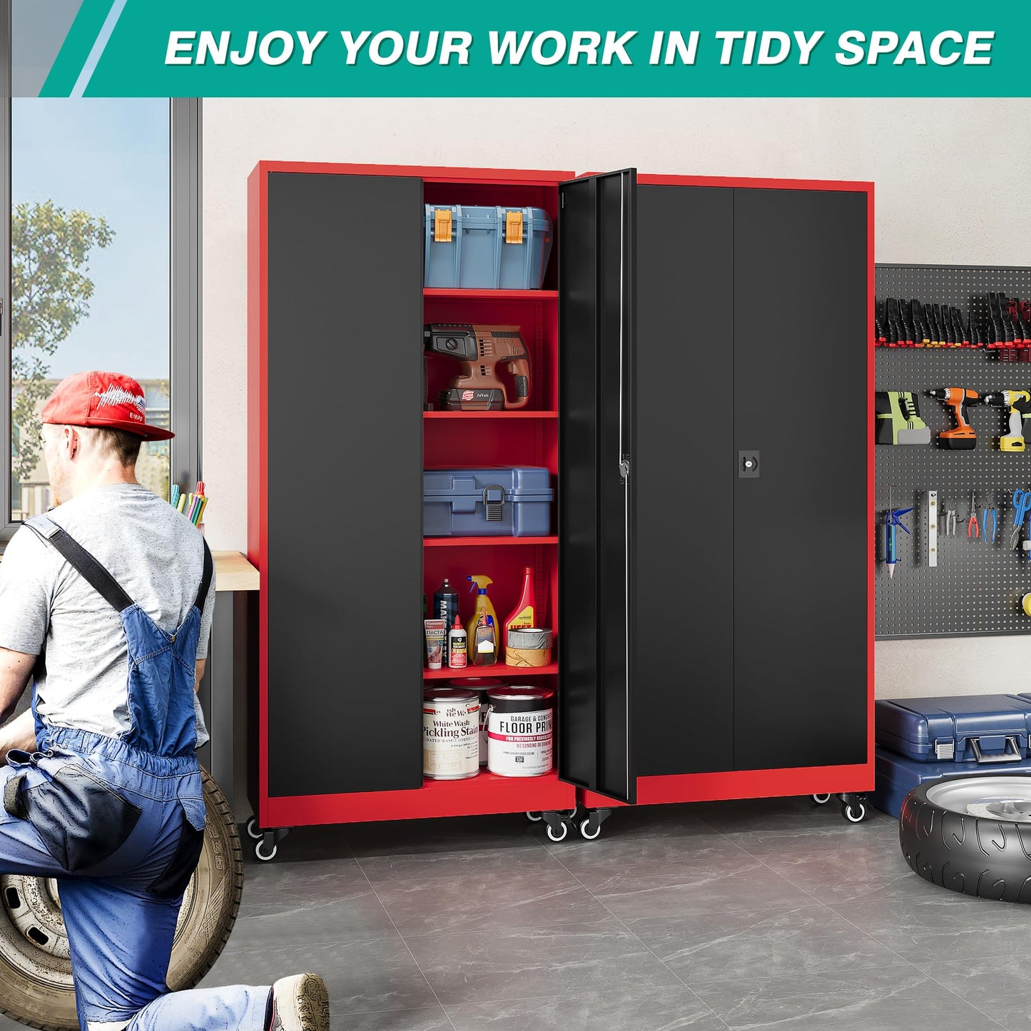SISESOL 75" Tall Metal Storage Cabinet with Wheels,Rolling Garage Storage Cabinet with Lock,Red Metal Cabinets on Wheels,Locking Tool Cabinets on Wheel for Garage,Home,Office,Shop