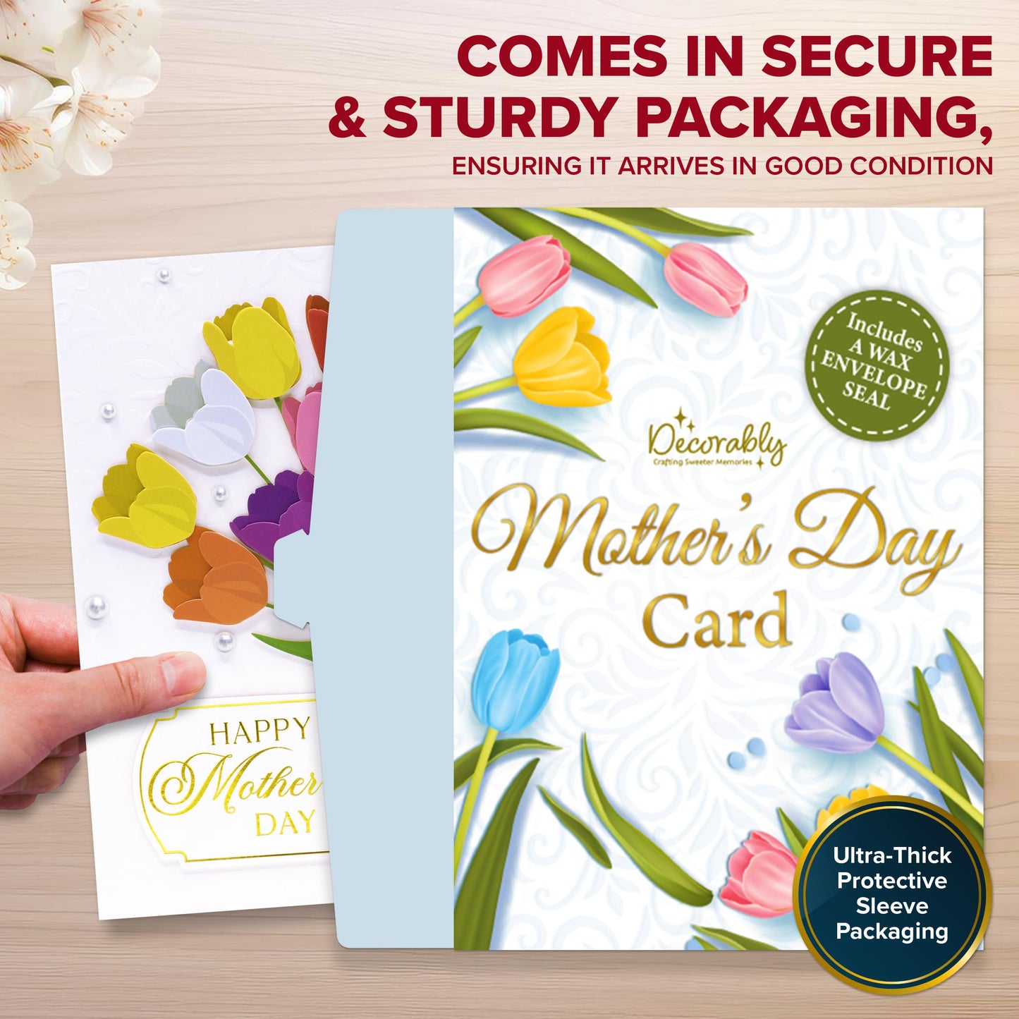 Decorably Gold-Foiled 5x7in Individual Mothers Day Cards for Daughter with Tulips Cutout, Ribbon & Pearls, with Envelope & Sealing Wax, Textured with Printed Message Inside - Gifting, Mailing