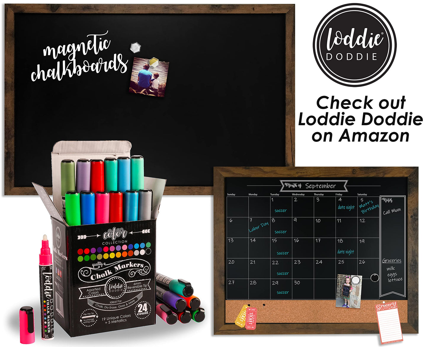 Loddie Doddie Wood Chalkboard Calendar - 18 in x 22 in, Rustic Frame, Mounting Hardware - Magnetic Chalkboard for Wall - Menu Board for Kitchen - Hanging Chalk Board Sign