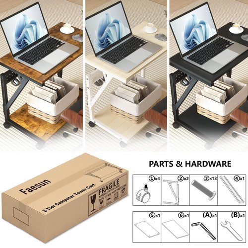 Faesun Computer Tower Cart - Height Adjustable PC Stand, 2-Tier ATX-Case CPU Holder Home Office Gaming Desk Accessories with Rolling Lockable Wheels, Laptop Table Standing Computer Desk, Rustic Brown