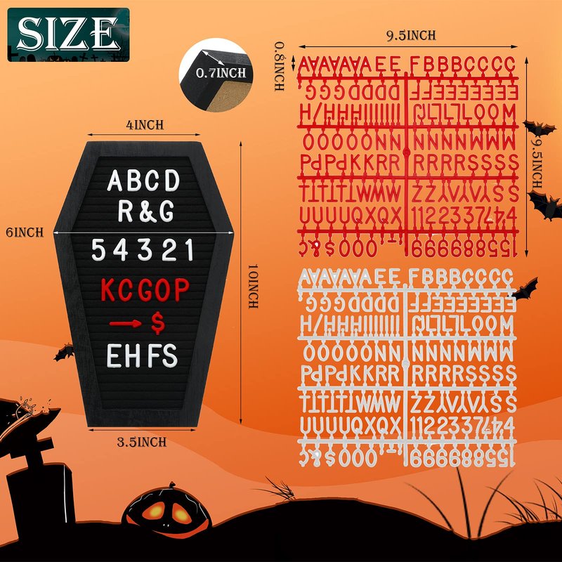 Qeeenar 2 Pieces Black Felt Coffin Letter Board Felt Changeable Letter Board with Letters and Numbers 270 Gothic Decor Message Board for Halloween Party, Home, Office, Bistro and School, 10 x 6 Inch