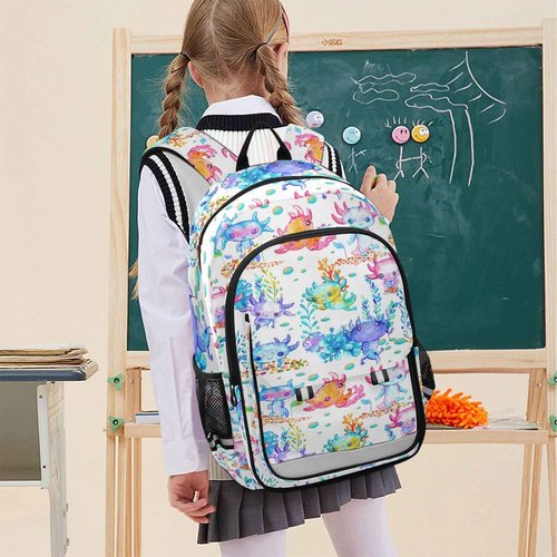 Glaphy Watercolor Cute Axolotl Backpack Lightweight Laptop Backpack School Bag Student Travel Daypack with Reflective Stripes