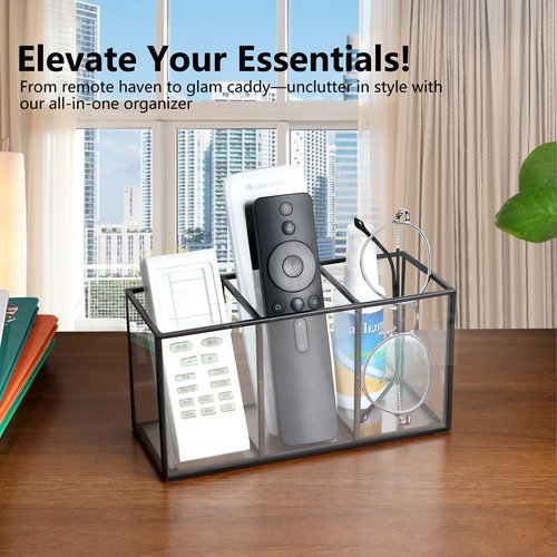 Pencil Holder for Desk,Tempered Glass Pen Holder,3&4 Compartments,Desktop Storage Organizer for Office Supplies,School Supplies,Pens,Markers,Pencils,Scissors,Paperclips (Black, 3 compartments)