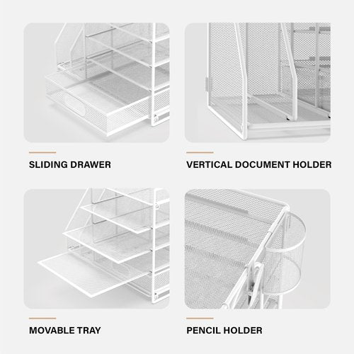 HUHOLE 5 Tier Desk Organizer with File Holder, White Mesh Paper Letter Tray Organizer with File Clip, USB Clip, Wire Desk Accessories & Workspace Organizers for Office Supplies or School Supplies