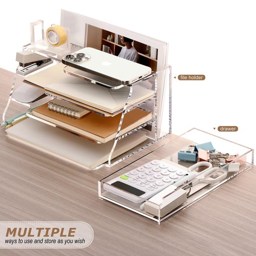 SANRUI Acrylic Desktop File Organizer Mail Sorter Box with Drawer, 3 Compartments Clear Office Accessories Paper Storage Holder, Multifunction Envelope Letter Folder Racks for Office,Home, School