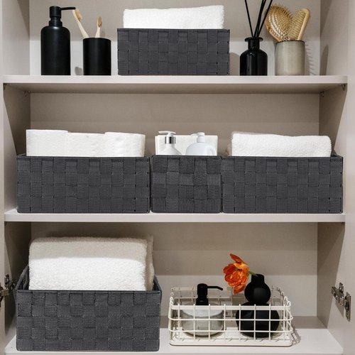 ArcaGuru Woven Polypropylene Basket Set of 8, Woven Storage Basket, Woven Strap Baskets, Woven Basket Organizer for Bedroom, Bathroom, Office, Shelf, Dresser, Kitchen, Pantry, Black