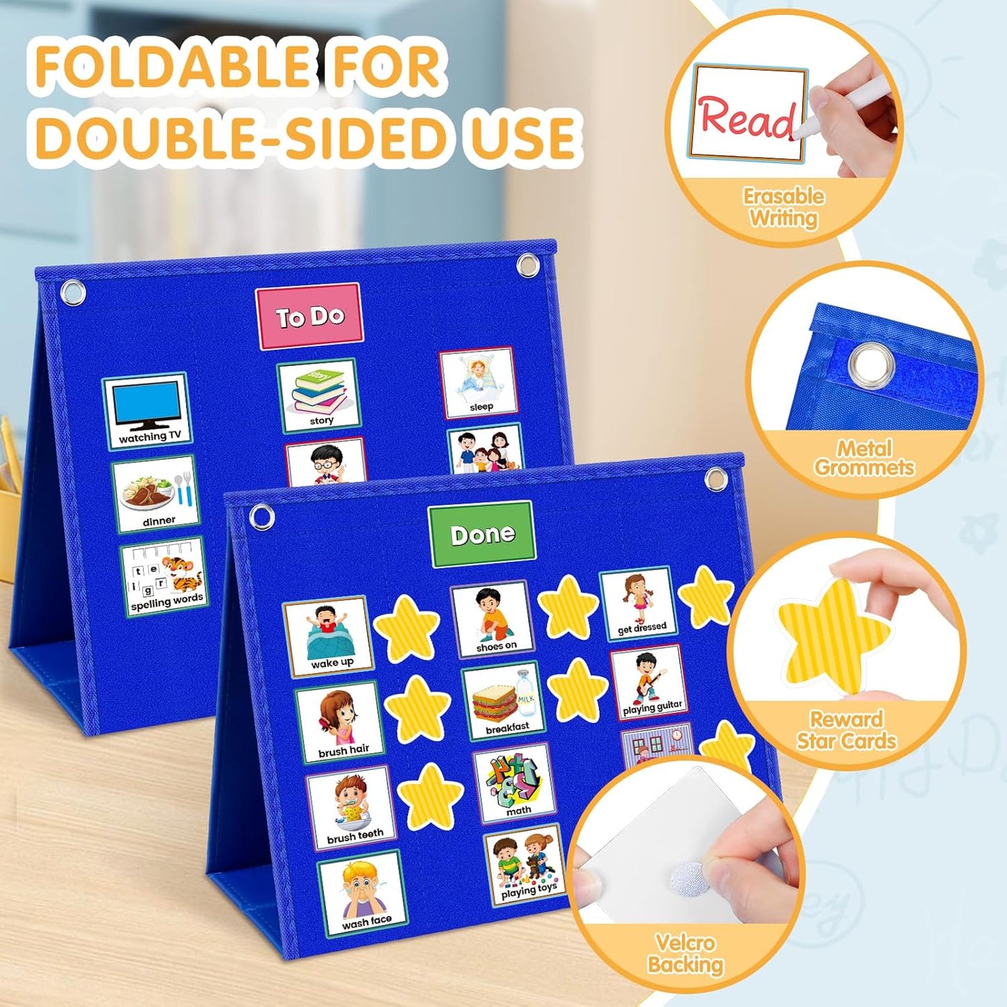 ALSLEA Large Visual Schedule for Kids - Autism Chore Chart with 124 Cards | Daily Routine Planner (Blue)
