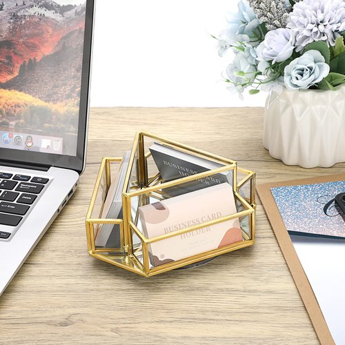 Hipiwe 360° Rotating Business Card Stand Holder Gold Glass Name Card Display Stand Vintage Mirrored Office Desktop Business Card Organizer, 4-Slots