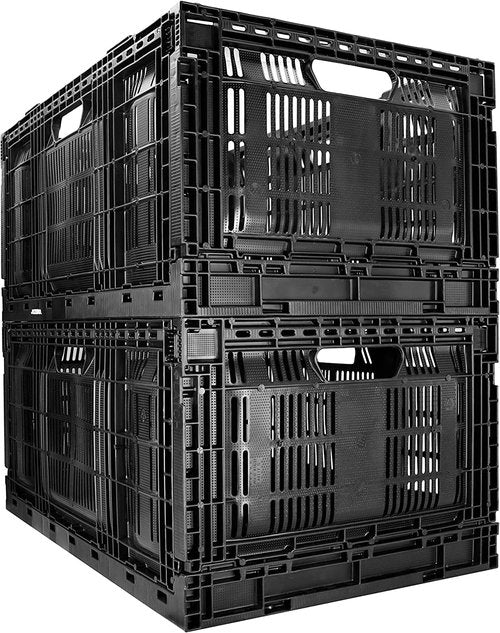JEZERO Large 2-Pack Collapsible Plastic Storage Crate – Stackable Utility Bin with Folding Walls for Garage, Closet, Car Trunk, and Home Organization | Black, 24" x 16" x 11"