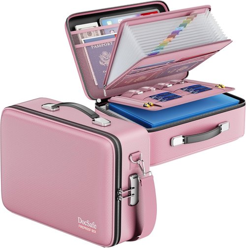 DocSafe Fireproof Document Box - Secure Hard Case Organizer with Lock & Shoulder Strap | Portable Pink Storage for Important Files