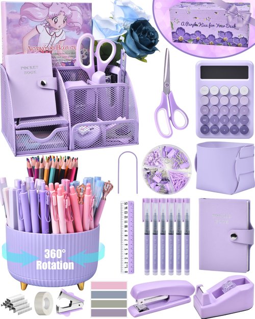 LXEVIHK Purple Desk Organizers and Accessories With Mesh Desk Organizer and 360°Rotating Pen Holder and a Lot of Office Purple Office Supplies Beautifully Presented in a Gift Box, Back to School