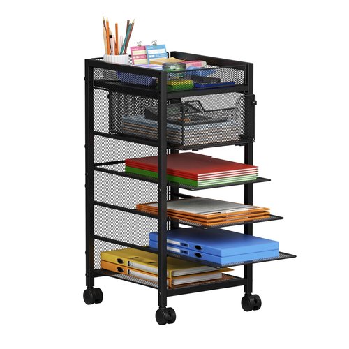keomaisyto Under Desk Storage Slim File Cabinet, 6-Tier Rolling File Cart with Paper Letter Tray & Drawer, Standing Paper Organizer with Wheels, Narrow Desk Organization for Home Office Workspace