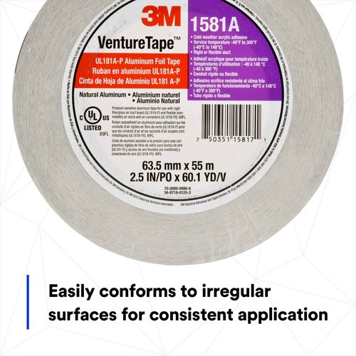 3M Venture Tape UL181A-P Aluminum Foil Tape 1581A, Rigid and Flexible Duct Seaming, Durable, Cold Weather Adhesion, 2.5 in x 60 yd, 2 mil (Pack of 1)
