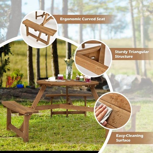 Tangkula 6 Person Wooden Picnic Table, Outdoor Round Picnic Table with 3 Built-in Benches, 1.5 Inch Umbrella Hole, Outside Wood Table and Bench Set for Garden, Backyard, Porch (Dark Brown)