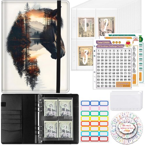 100 Envelopes Challenge Binder Money Saving Challenge Book for Money Saving, A5 Savings Binder Budget Planner with Cash Envelopes and Stickers, Horse And Landscape