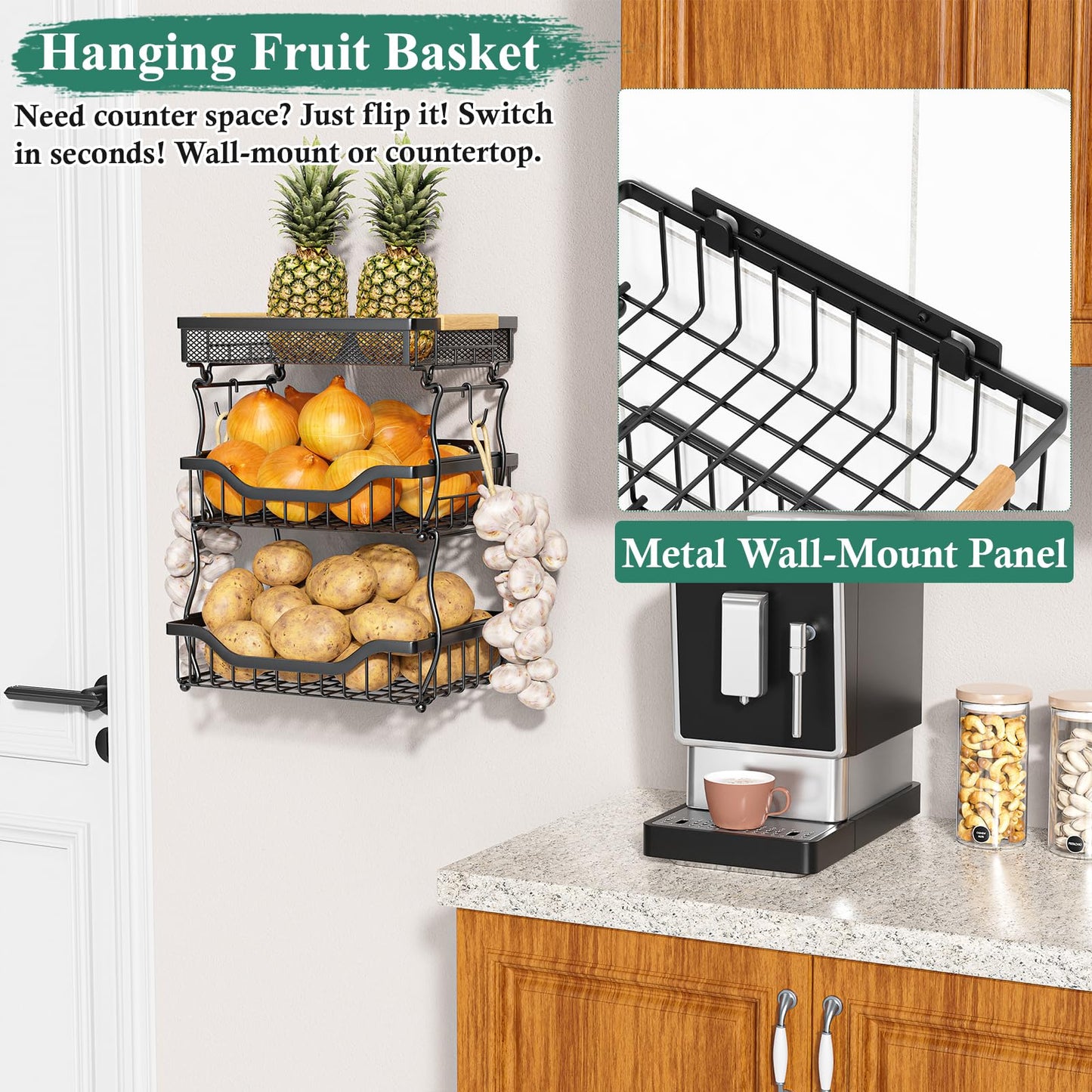 OKZEST 3-Tier Fruit Basket Fits Under Standard Upper Cabinet, 17.2" Tall