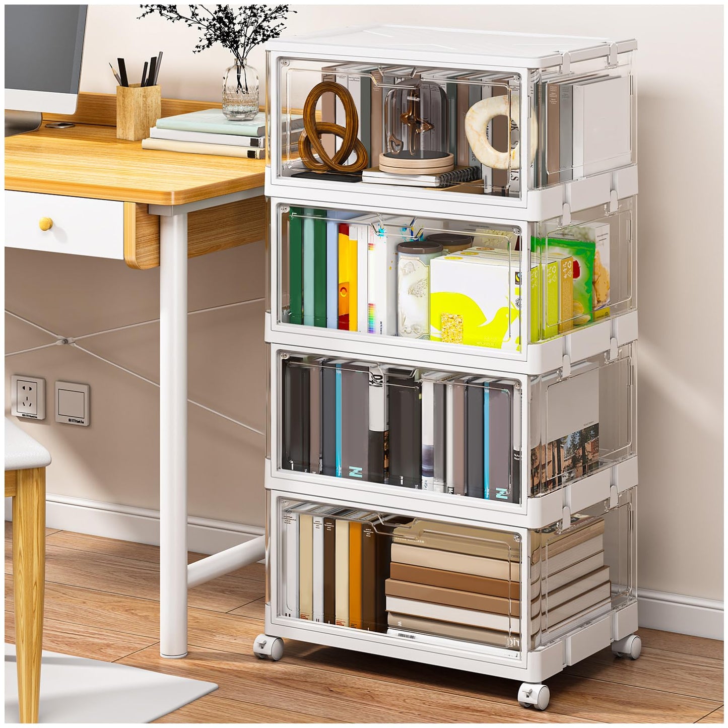 SNSLXH Clear Storage Bins with Lids & Wheels, Stackable Plastic Craft Containers, Large Closet Organizers Box for Bedrooms Living Rooms 24 QT, 4-Tiers