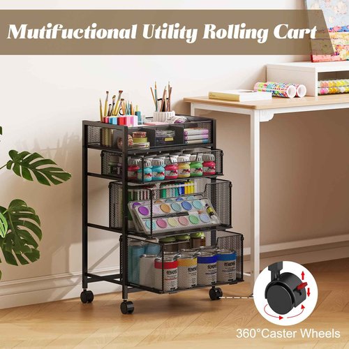 4-Tier Rolling Utility Cart with 3 Drawers, Craft Organizer and Storage with DIY Divider, Art-Craft Supplies with Caster Wheels, Multi-Functional Storage for Classroom, Office, Paints, Artifacts