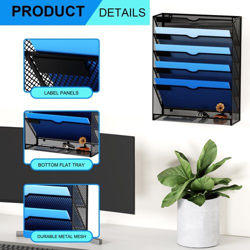 GDINDINFAN Hanging Wall File Organizer 6 Tier Wall Mounted Mail Paper Folder Holder Document Organization Stand, Vertical Desk Magazine Rack for Office Home Cubicle Countertop, Black