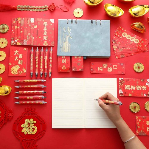 Moinchore 200 Pcs Chinese Lunar New Year Gift Set Includes Notebooks Bookmarks Ballpoint Pens Red Organza Bags Suitable for 2025 New Year Gifts School Office