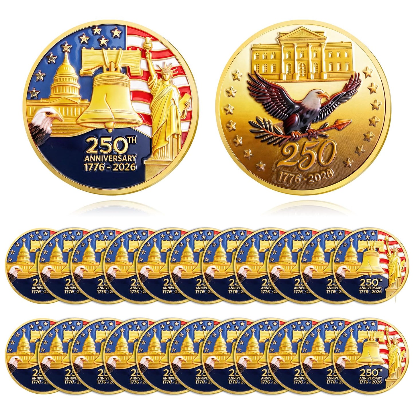 Highergo 250th Anniversary Commemorative Coins USA Eagle and Patriotic Symbols Collectible 250 Year Merchandise for Celebration Display Collectors Challenge Coin Gift(20 Pcs,Style 1)